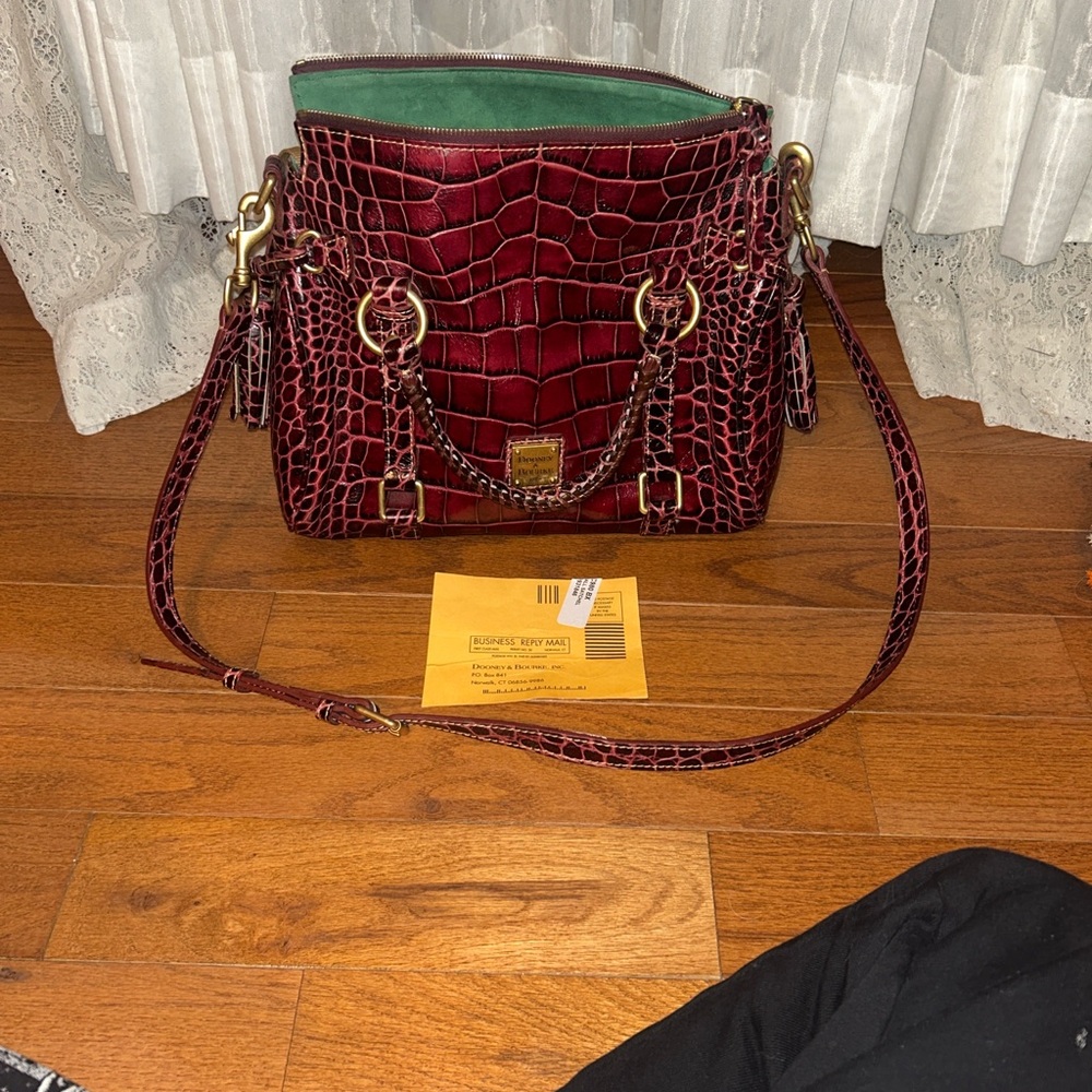 Dooney & Bourke Croc-Embossed Burgundy Shoulder Bag with Green Lining